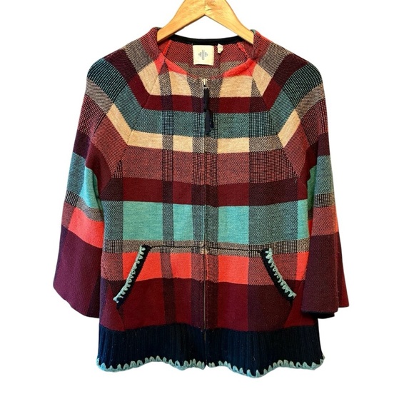 Anthopologie HWR Monogram Wool Blend Red Plaid Swing Cardigan Zip size Small - Picture 1 of 13